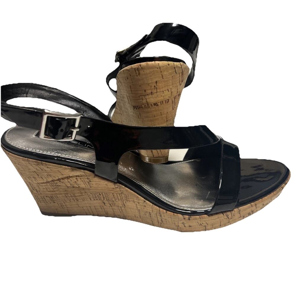 Bandolino Black Patent Bdoutloud Shiny Wedge Heel Sandal Women’s Size 11